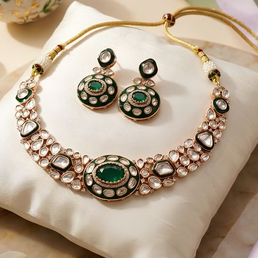Emerald Green Polki Necklace Set with Statement Earrings