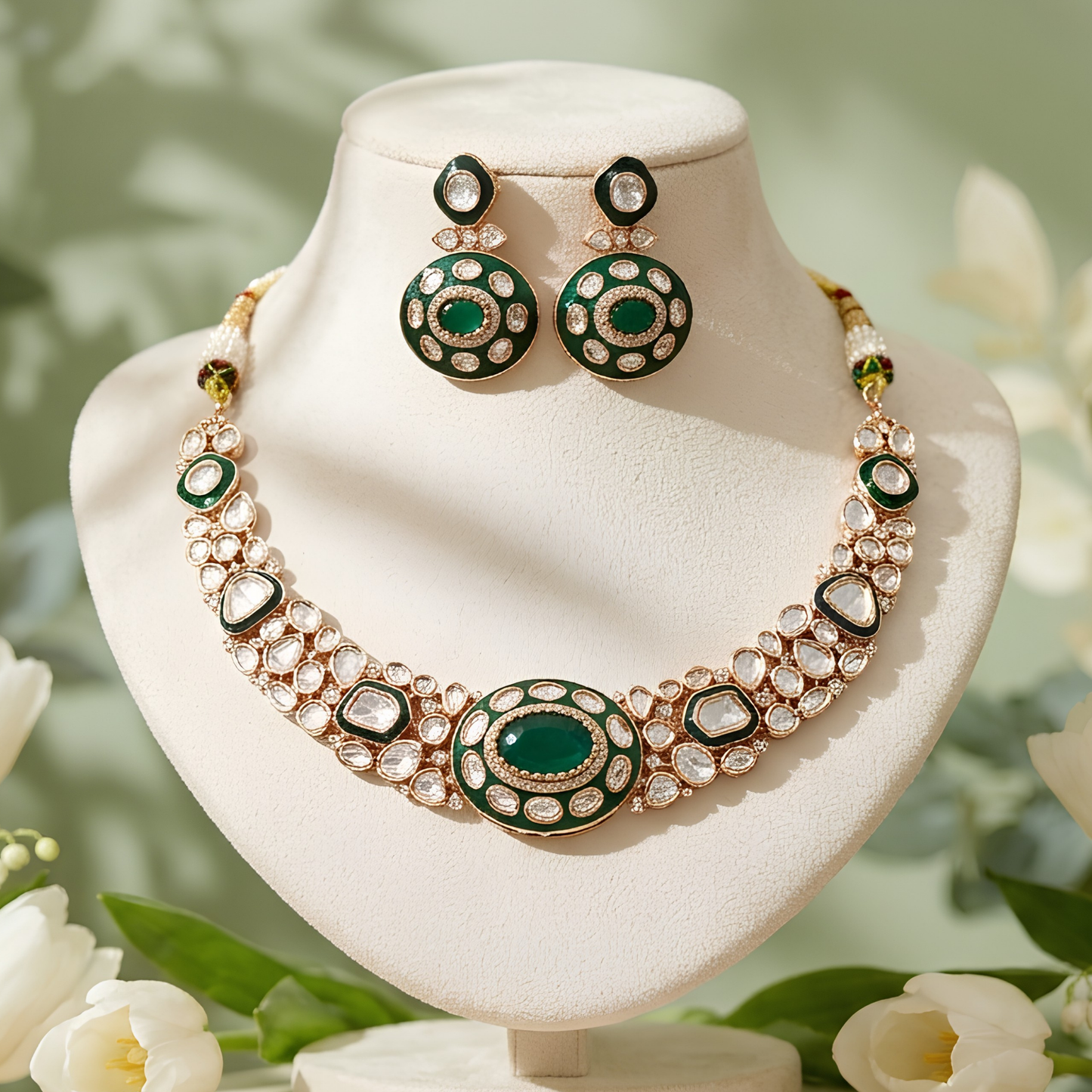 Emerald Green Polki Necklace Set with Statement Earrings