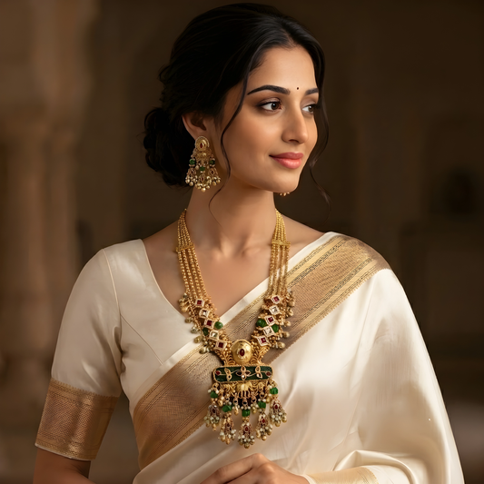 Rajwadi Kundan Polki Long Necklace Set