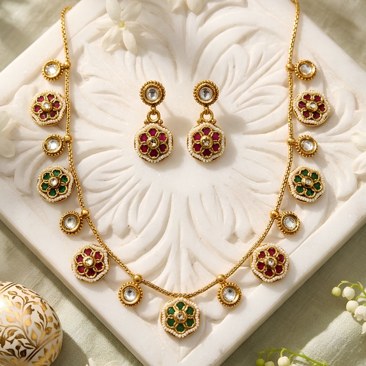 Floral Kundan Polki Necklace Set with Stud Earrings