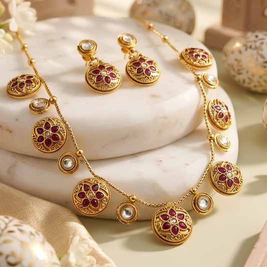 Kundan Polki Coin Necklace Set With Earrings