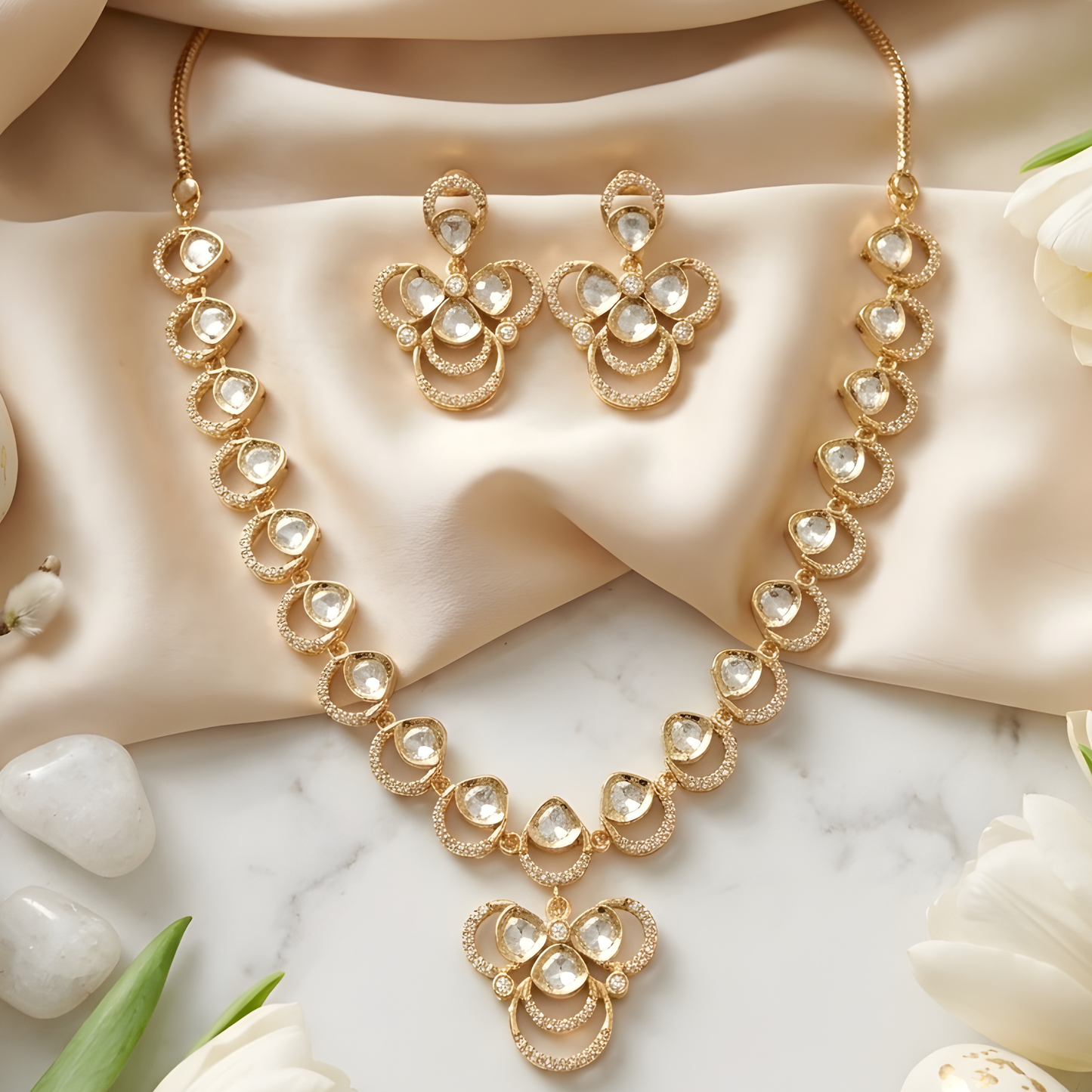Moissanite Floral Pendant Necklace Set With Earrings
