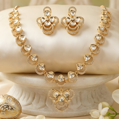 Moissanite Floral Pendant Necklace Set With Earrings