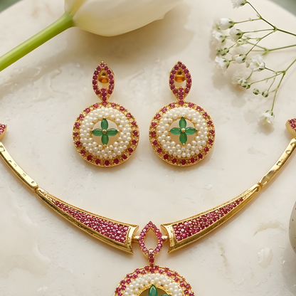 Floral Kundan Hasli Necklace Set With Earrings