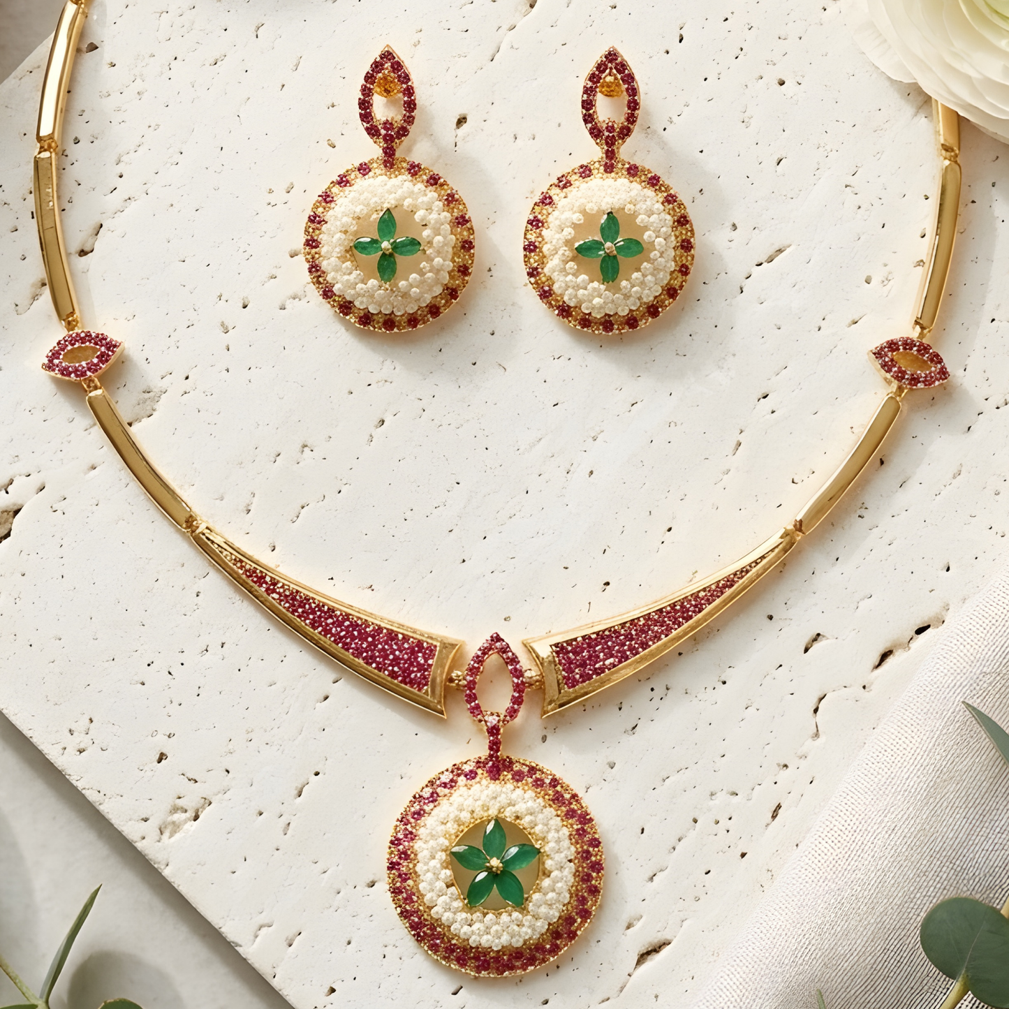 Floral Kundan Hasli Necklace Set With Earrings