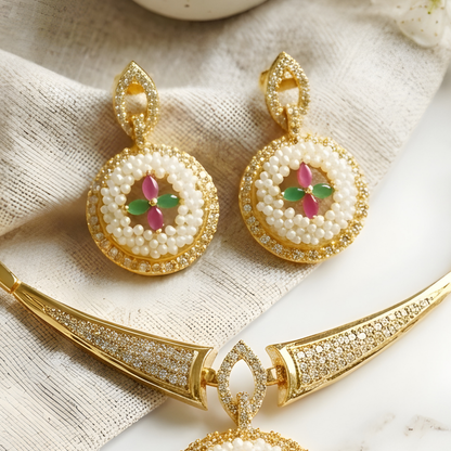 Floral Kundan Hasli Necklace Set With Earrings
