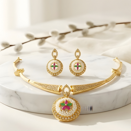 Floral Kundan Hasli Necklace Set With Earrings