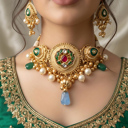 Royal Temple Kundan Choker Necklace Set