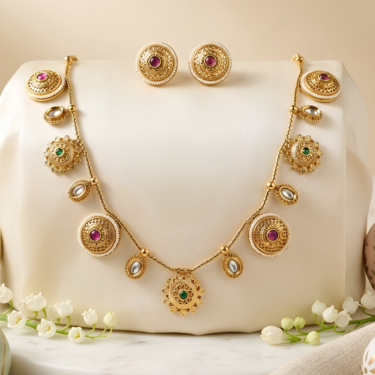 Handcrafted Gold Charm Necklace Set With Studs