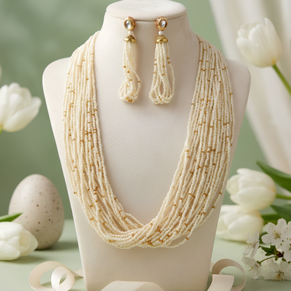 Multi-Layer Ivory Beaded Long Necklace Set