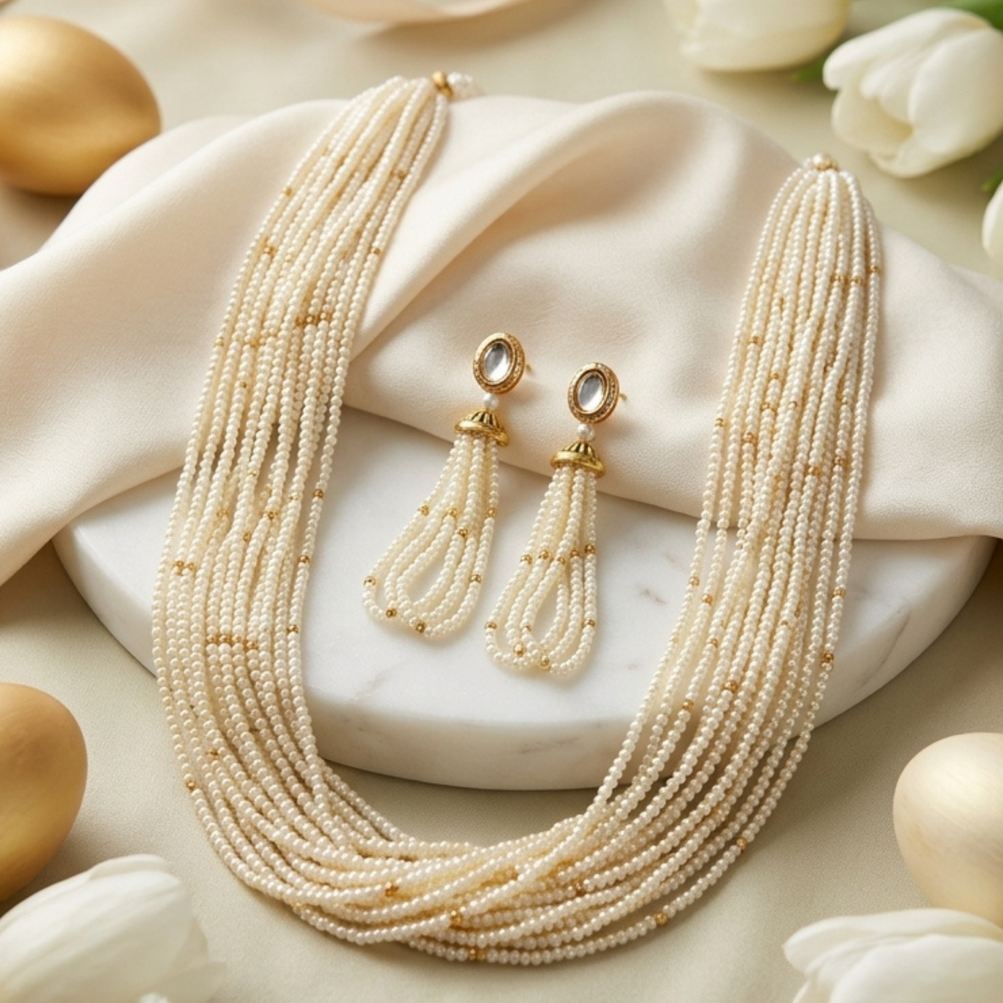 Multi-Layer Ivory Beaded Long Necklace Set