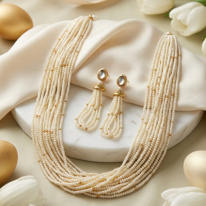 Multi-Layer Ivory Beaded Long Necklace Set