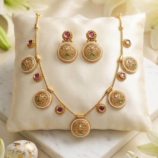 Gold Plated Charm Necklace Set With Earrings