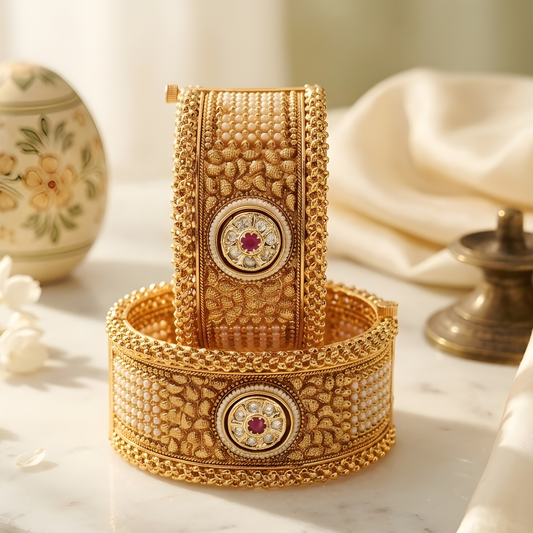 Antique Gold Pearl Kada Bangles