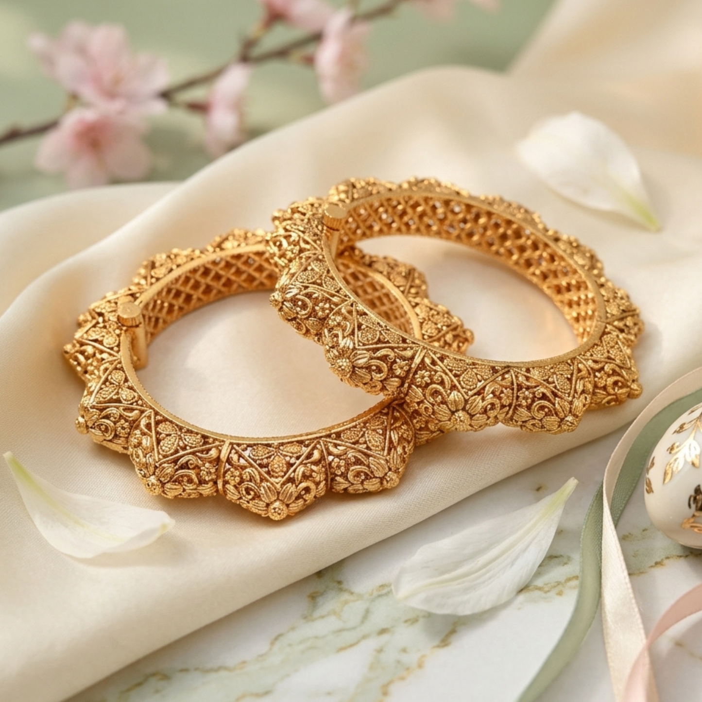 Antique Gold Floral Engraved Bangles for Women