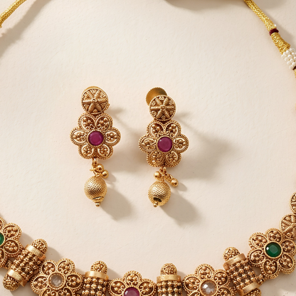 Antique Gold Floral Temple Necklace Set