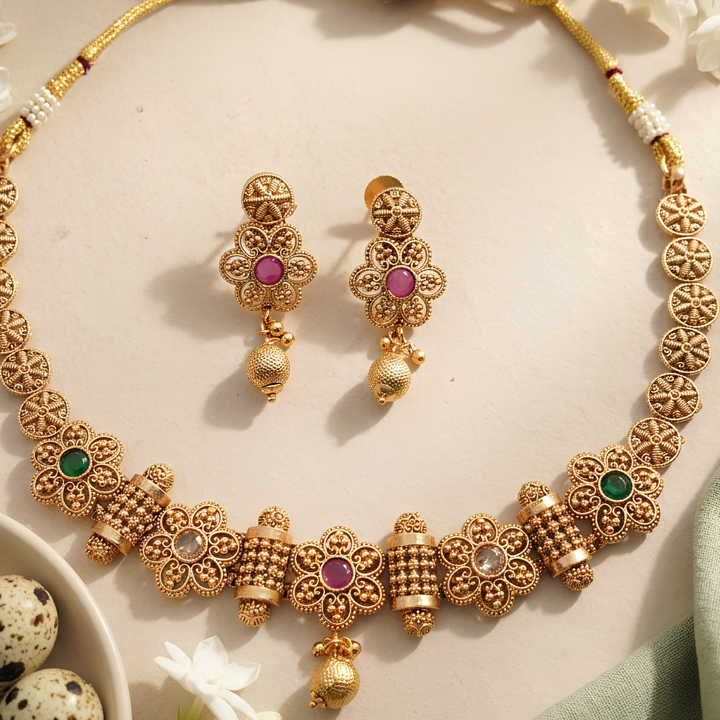 Antique Gold Floral Temple Necklace Set