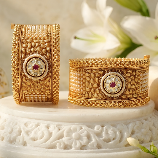 Antique Gold Pearl Kada Bangles
