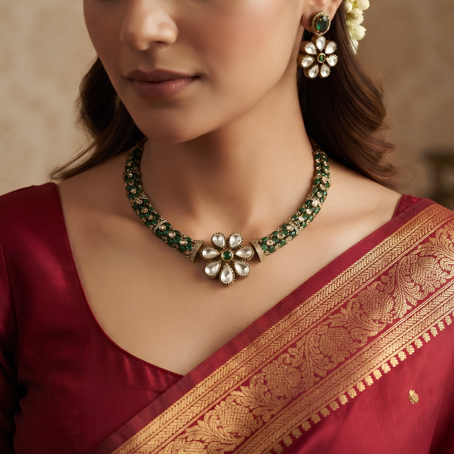 Green Moissanite Diamond Choker Necklace Set