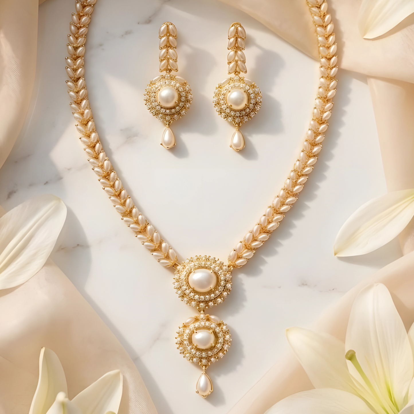 Luxury Pearl Pendant Necklace Set with Matching Earrings