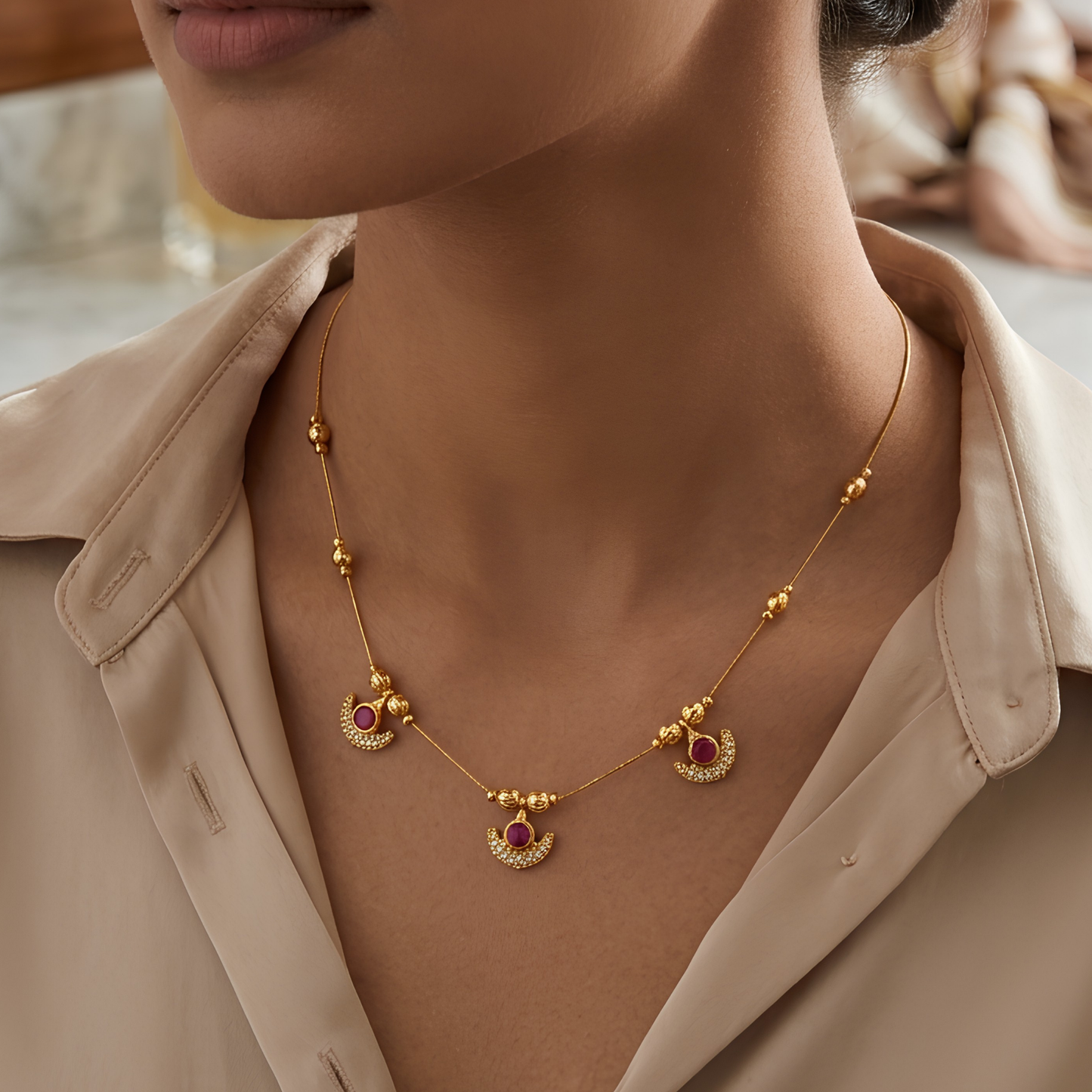 Minimalist Ruby Stone Station Necklace for Women