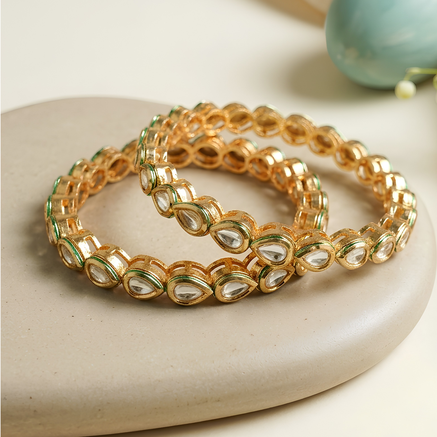 Green Kundan Bangles Set for Women