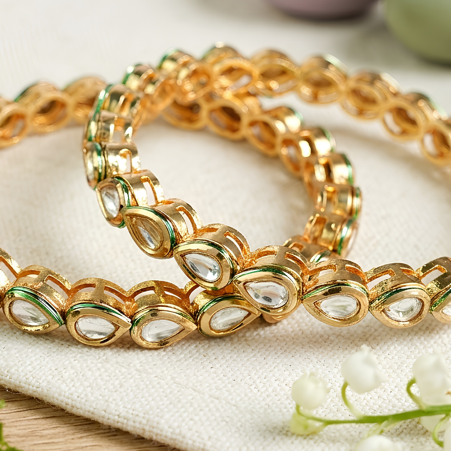 Green Kundan Bangles Set for Women