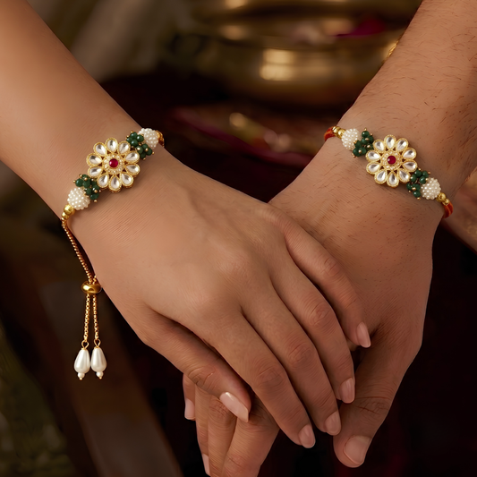 Floral Kundan Rakhi Combo Set For Bhaiya Bhabhi