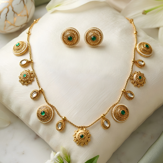 Handcrafted Gold Charm Necklace Set With Studs