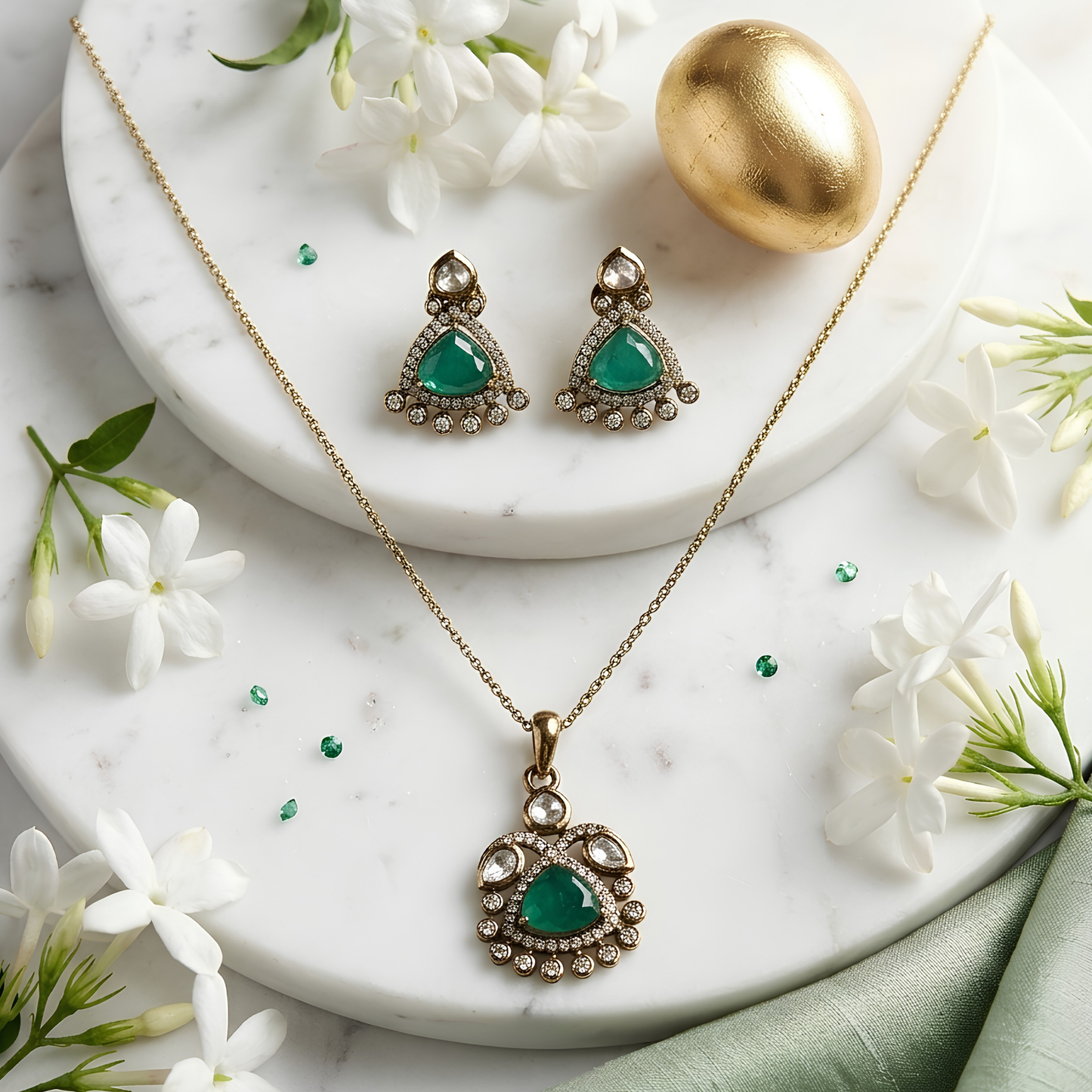 Emerald Green Kundan Pendant Necklace Set