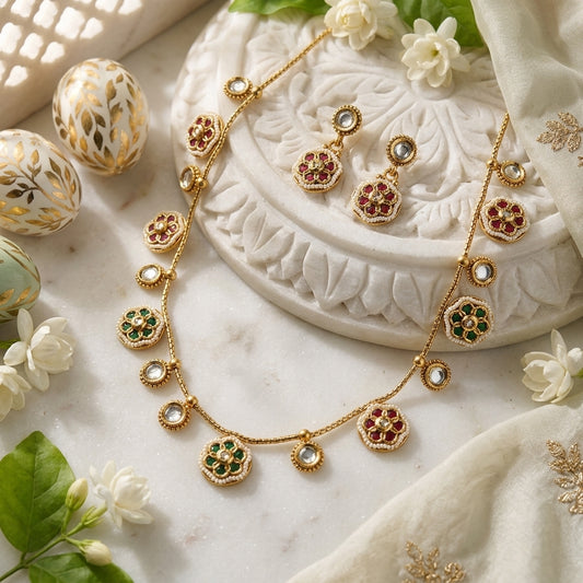Floral Kundan Polki Necklace Set with Stud Earrings