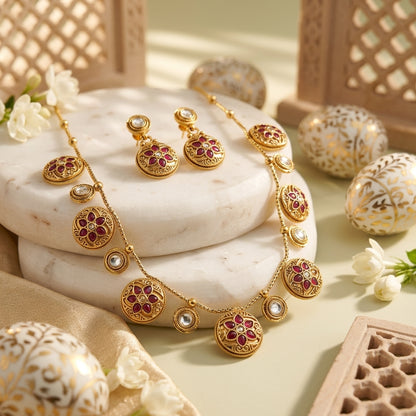 Kundan Polki Coin Necklace Set With Earrings