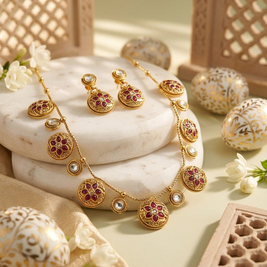 Kundan Polki Coin Necklace Set With Earrings