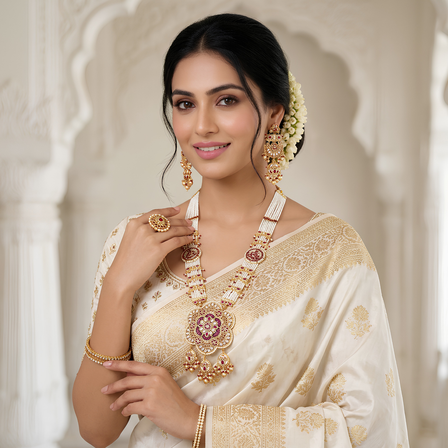 Temple Lakshmi Beaded Long Haar with Earrings