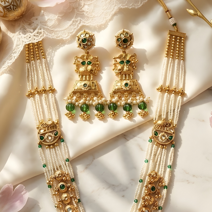Long Pearl Necklace Set with Big Earrings