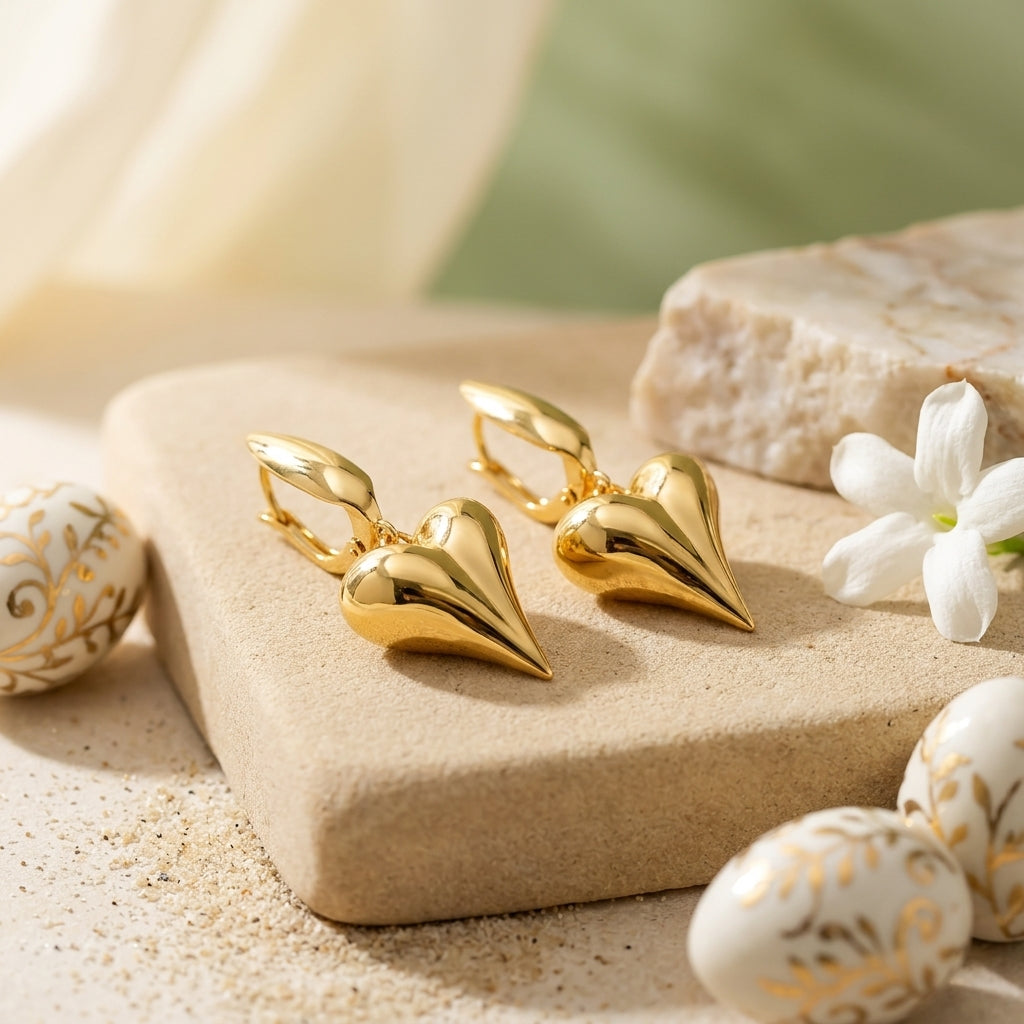 Golden Puffed Heart Drop Earrings