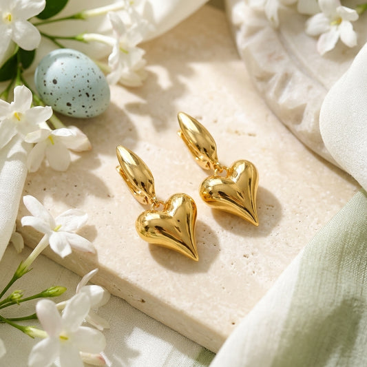 Golden Puffed Heart Drop Earrings