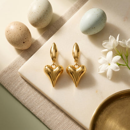 Golden Puffed Heart Drop Earrings