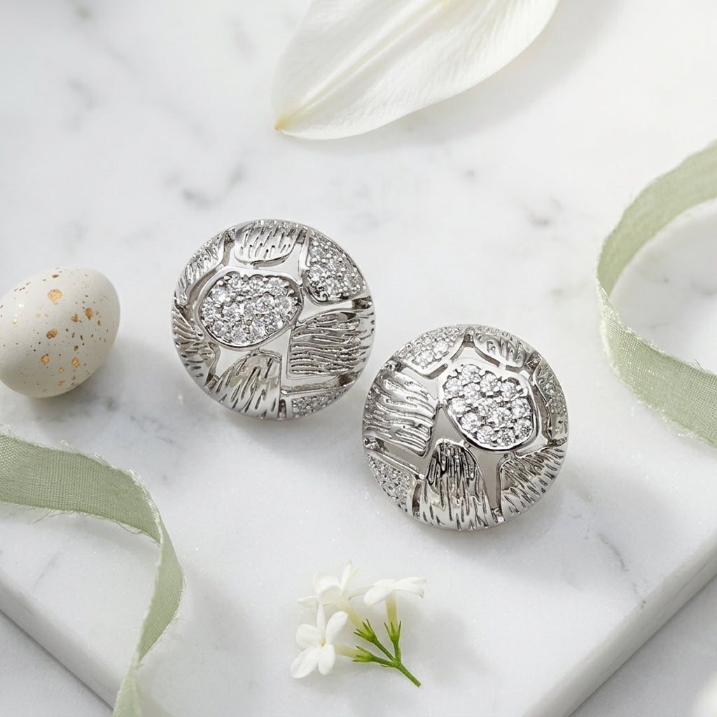 Vintage Silver Floral Statement Stud Earrings