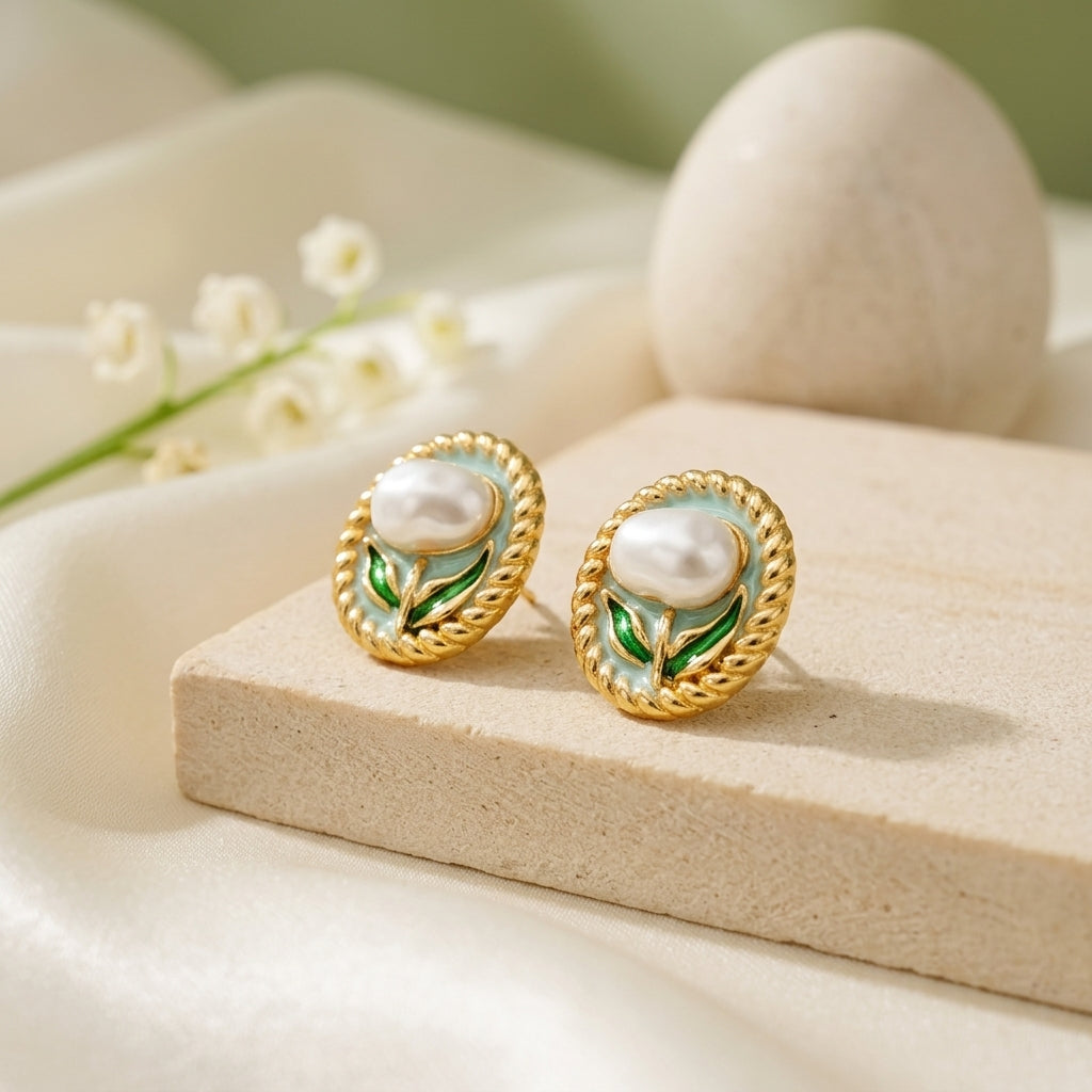 Ocean Pearl Enamel Stud Earrings