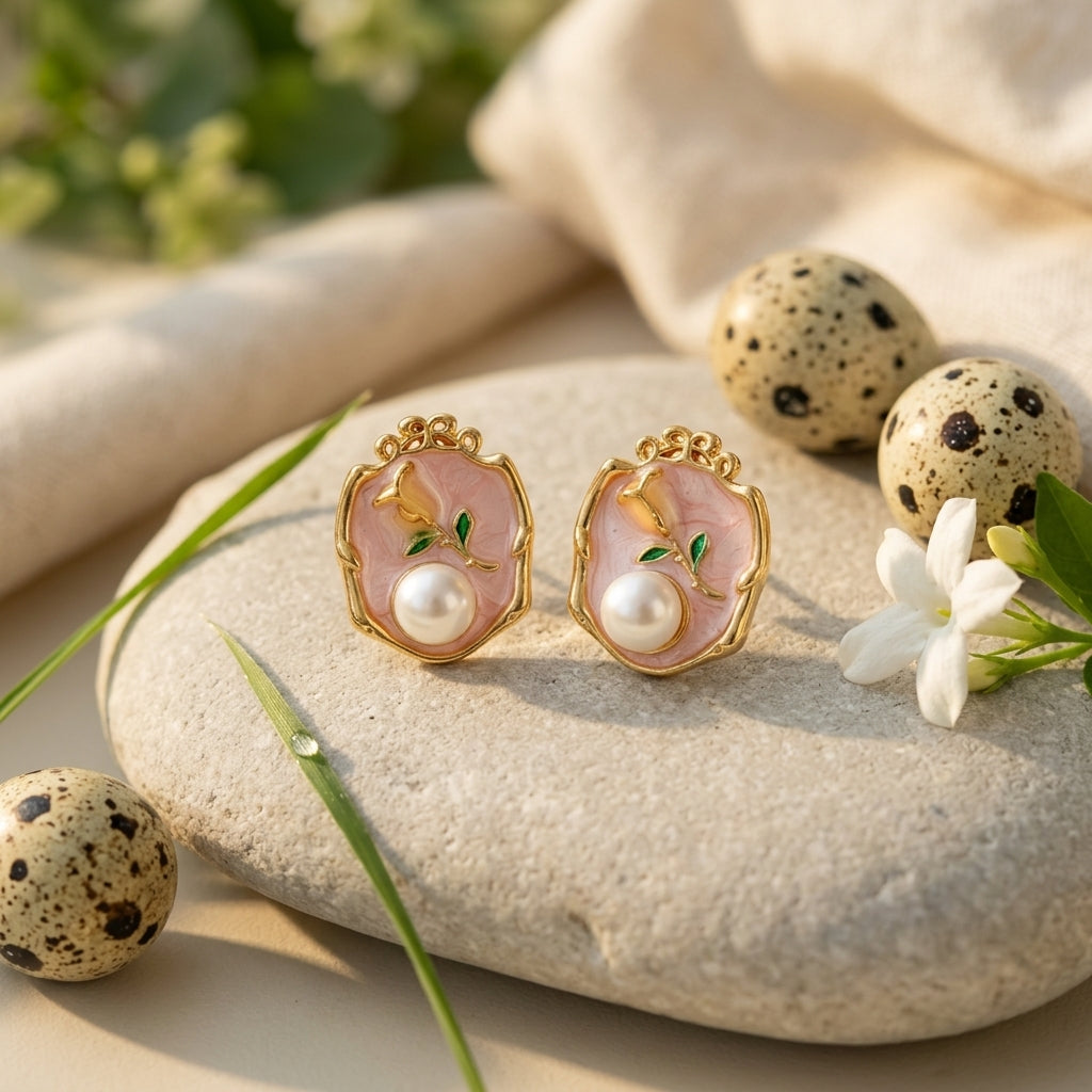Vintage Pink Pearl Floral Stud Earrings
