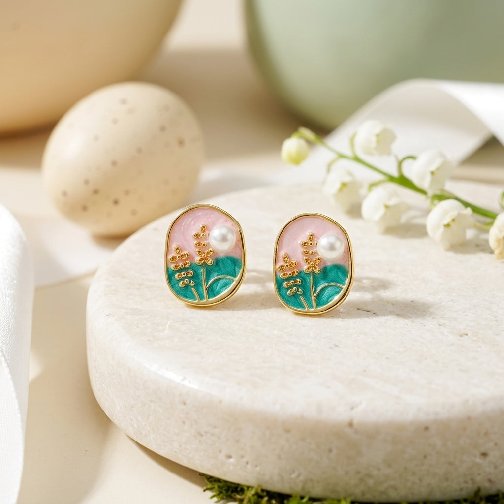 Blossom Pearl Enamel Stud Earrings