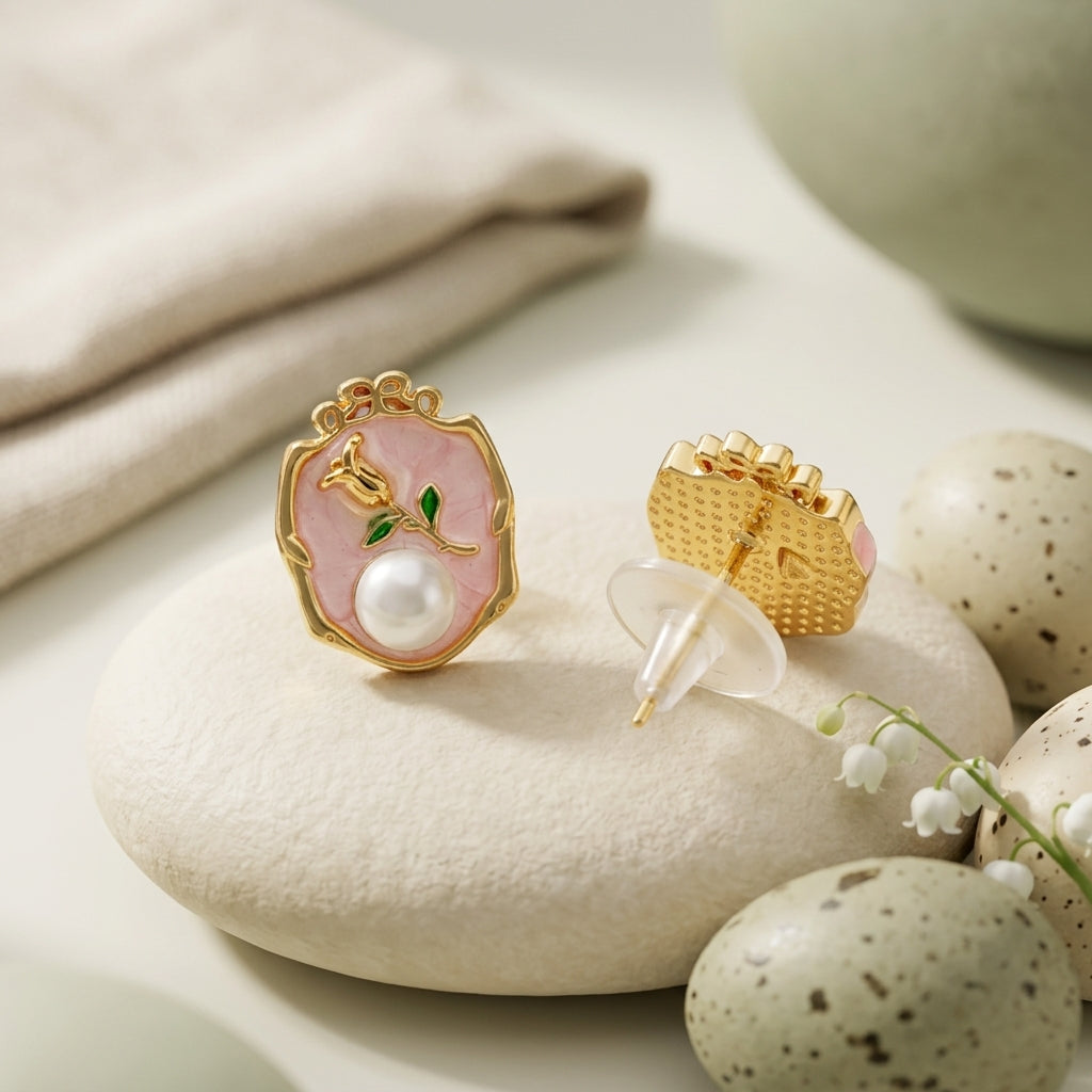 Vintage Pink Pearl Floral Stud Earrings