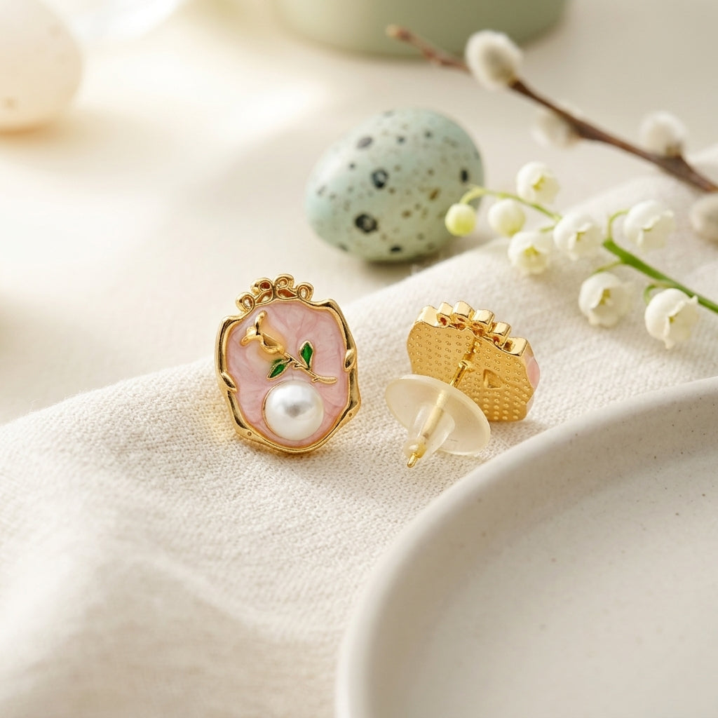 Vintage Pink Pearl Floral Stud Earrings