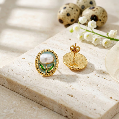Ocean Pearl Enamel Stud Earrings