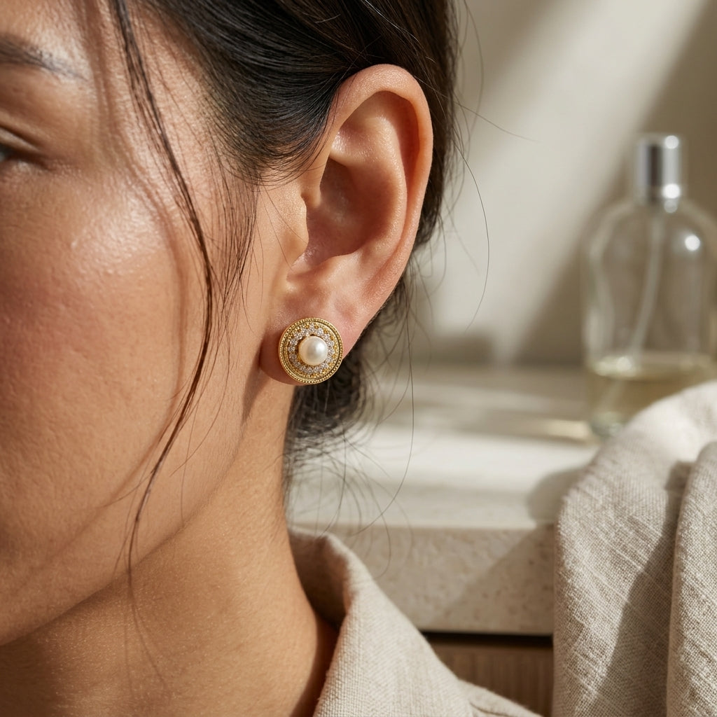 Pearl Halo Crystal Stud Earrings