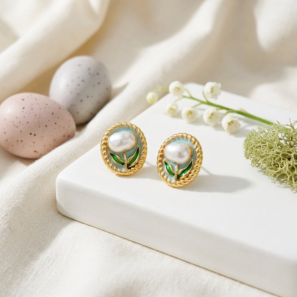 Ocean Pearl Enamel Stud Earrings