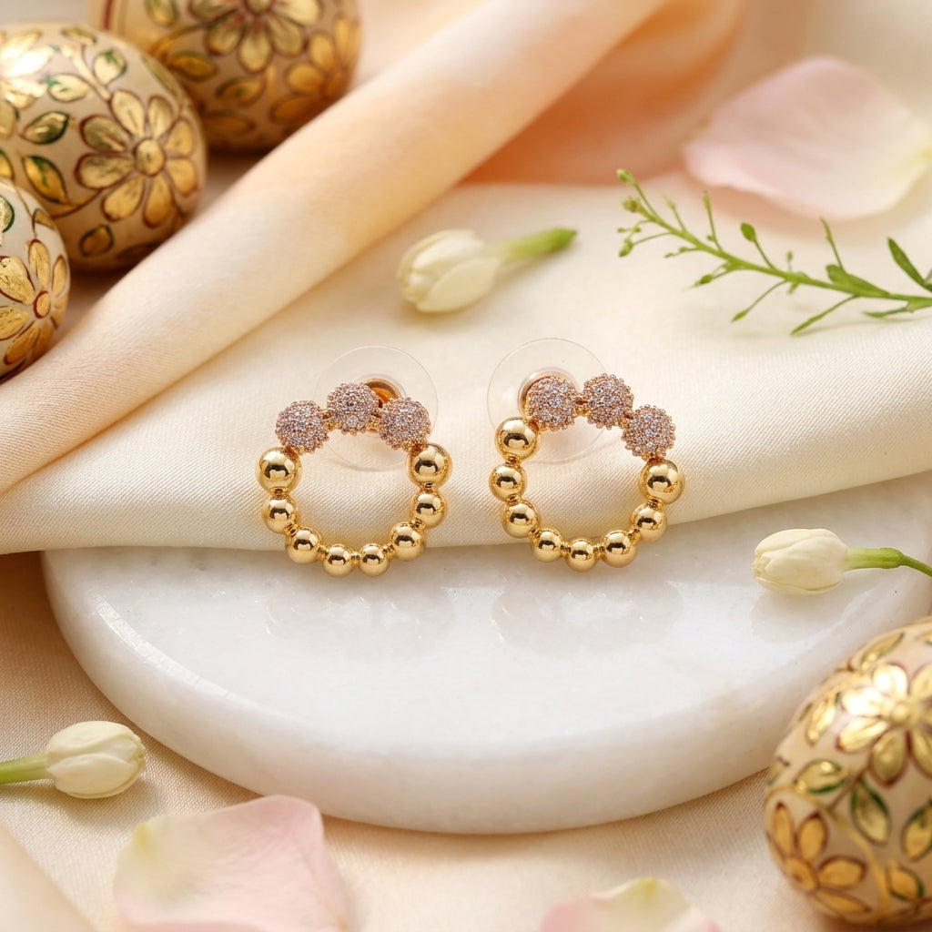 Golden Beaded Circle Stud Earrings