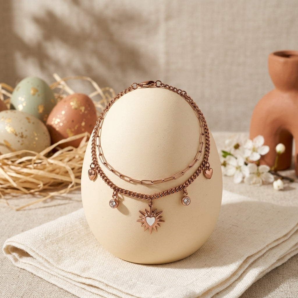 Rose Gold Heartburst Layered Charm Bracelet