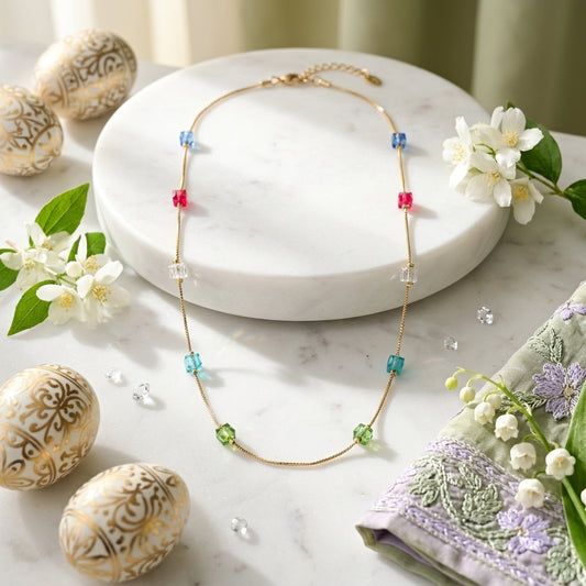 Rainbow Crystal Bead Station Chain Necklace